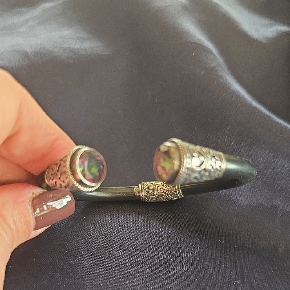 Silver and Black Bracelet with Iridescent Stones